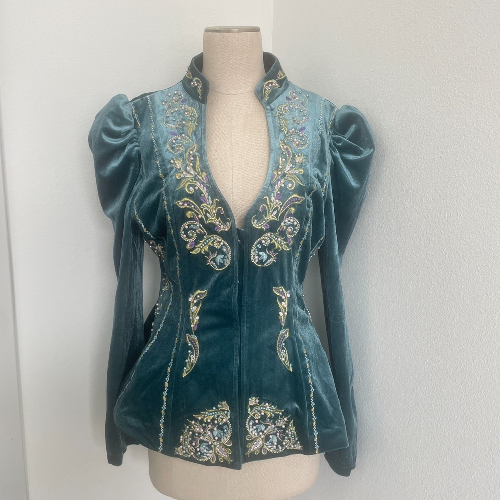 Velvet Beaded Jacket Women L Blue Regencycore Whimsigoth Baroque Snap
